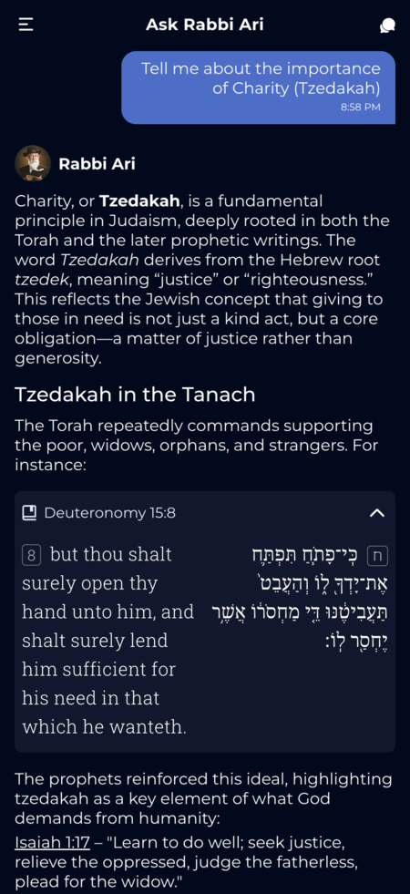 Rabbi AI chat preview on a phone